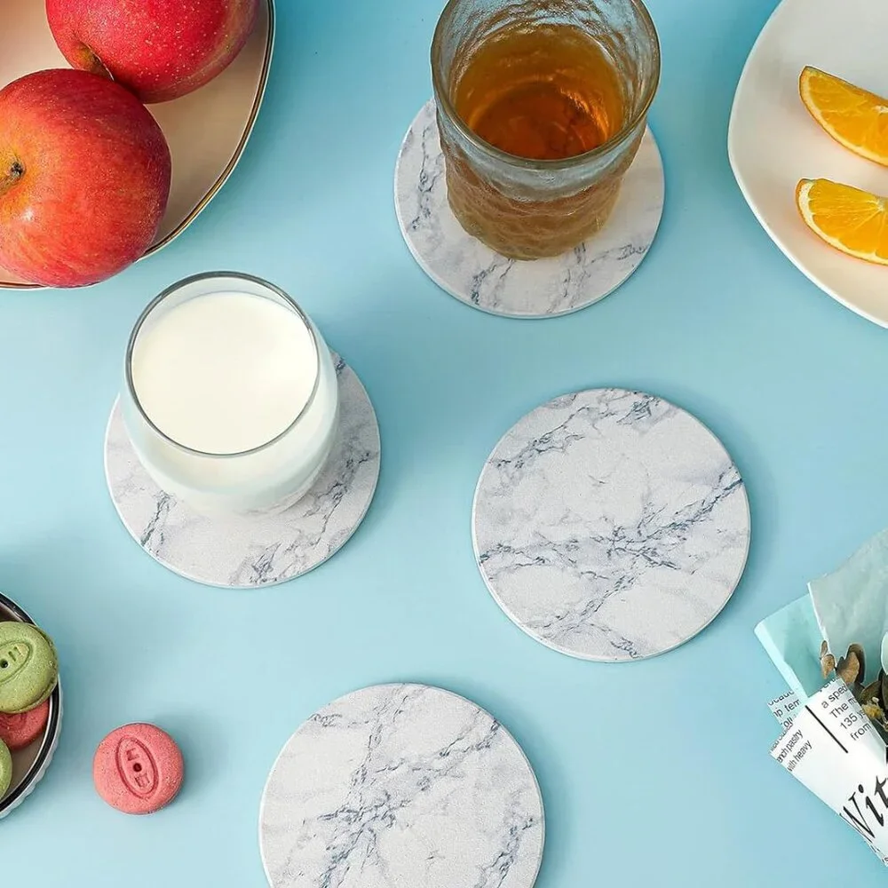 Absorbent Coaster Sets of 4, Drink Coasters with Holder, White Marble Style Cera